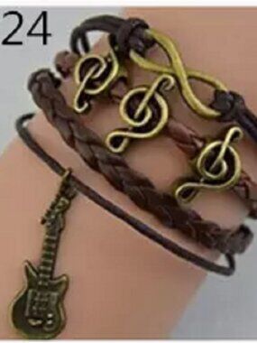 Music Charm Bracelet Leather G-Clef Guitar Brown Lobster Claw Clasp Adjustable